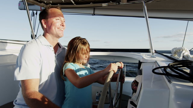 Loving Caucasian Father Young Daughter Luxury Yacht Carefree Sailing Success 
