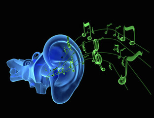 blue ear anatomy with green notes or music - 99543967