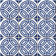 Vintage seamless wall tiles of blue round cross flower, Moroccan, Portuguese.
