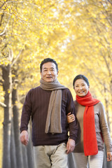 Senior couple strolling through the park in Autumn