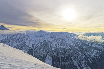 Fototapeta na wymiar Sunset in Kasprowy Wierch peak of Zakopane in Tatras in winter