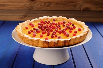 Yummy open lemon tart with fresh cranberries on white stand on d