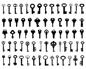 Set of black silhouettes of door keys, vector