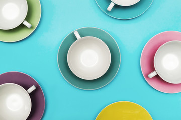 Top view on colorful pop art tea cups