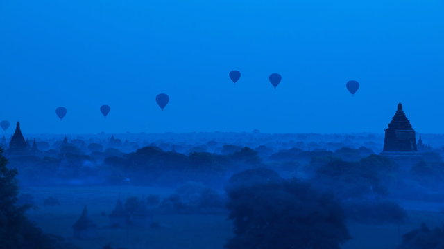 Silhouette Balloons Over Ancient Empire Bagan Of Myanmar