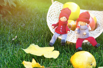 Basket with autumn fruits and leaves, knitted dolls