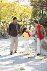 Fototapeta premium Senior couple with granddaughter strolling through the park in Autumn