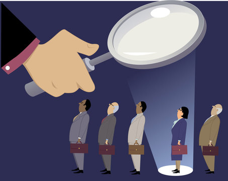 Businesswoman Standing In A Line With Male Coworkers Under A Magnifying Glass, In A Spotlight, EPS 8 Vector Illustration, No Transparencies