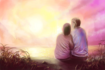 Digital painting,young couple in romantic scene with sunset