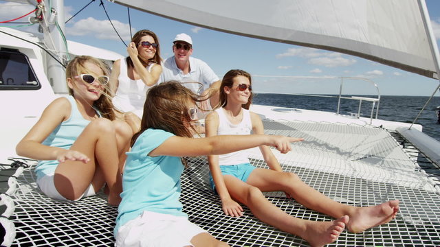 Happy Loving Caucasian Family Female Children Luxury Yacht Travel Financial