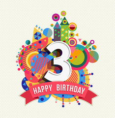Happy birthday 3 year greeting card poster color