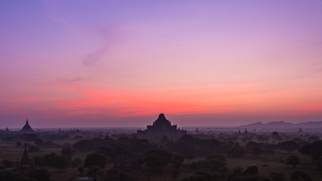 Ancient Empire Bagan Of Myanmar (Burma) And Balloons On Sunrise (tilt down)