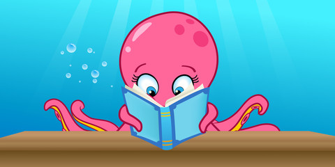 cartoon vector illustration of an octopus reading
