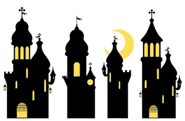 Collection of fairy tale castles. Silhouettes. Isolated on white