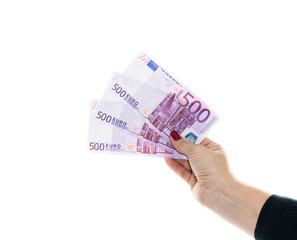 hand holding 500 euro money isolated on white background