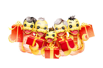 Happy snake family celebrating Chinese New Year with gifts