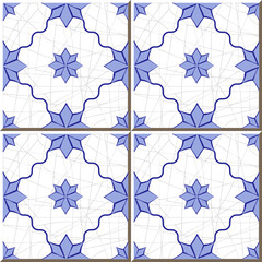 Vintage seamless wall tiles of blue star flower, Moroccan, Portuguese.
