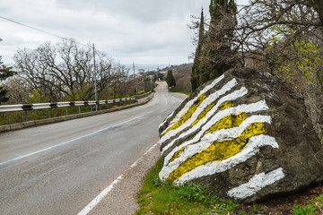 The dangerous boulder at road to Foros. Republic of Crimea
