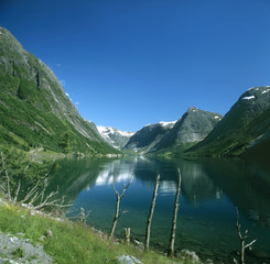 Fototapeta na wymiar Norway. Wild and beautiful surrounding of Kjosnesfjord (Jölster commune)