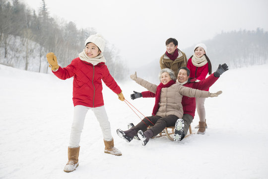 Happy family playing with sled on the snow