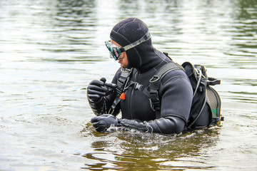 The diver out of the water in mask