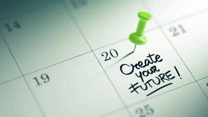 Concept image of a Calendar with a green push pin. Closeup shot