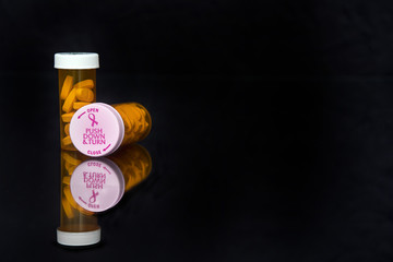Breast Cancer awareness pink ribbon on lid of prescription bottle