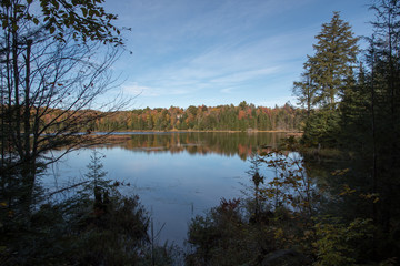 Autumn, lake view and camping in Quebec, Canada