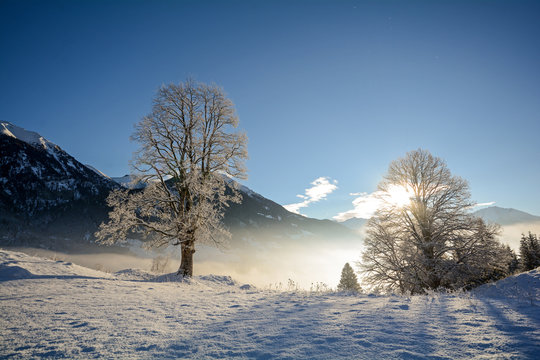 Winterlandschaft mit Blick  zu Hohe Tauern, Gasteinertal bei Bad Gastein, Pongau Alpen - Salzburg Austria Europa