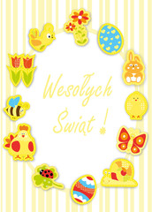 kartka wielkonocna z życzeniami Wesołych Świąt / radosna Wielkanoc: kurczak, pisanki, tulipany oraz zając wielkanocny © katarzyna b