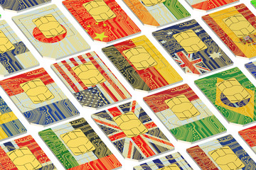 Fototapeta na wymiar International SIM cards with flags