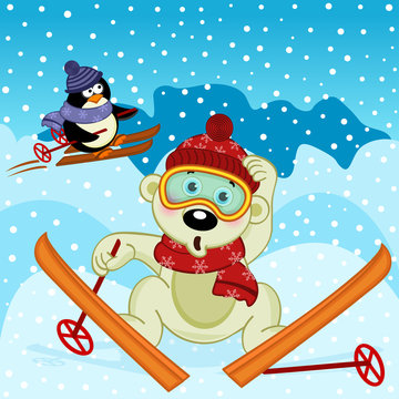 polar bear and penguin skiing - vector illustration, eps
