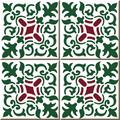 Vintage seamless wall tiles of green spiral vine, Moroccan, Portuguese.
