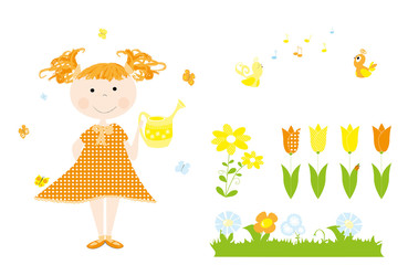 wiosna / dziewczynka z konewką i elementy wiosenne : ptaki, kwiaty, tuilpany, motyle  - obrazy, fototapety, plakaty