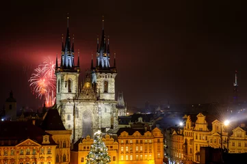 Fototapeten Prague old town with fireworks in the night © Stanislav Duben