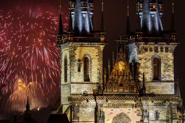Fireworks in Prague behind Church of Our Lady before Tyn