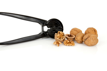 nuts and nutcracker on a white background