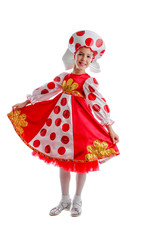 young girl in folk traditional carnival costume, red and white fluffy skirt