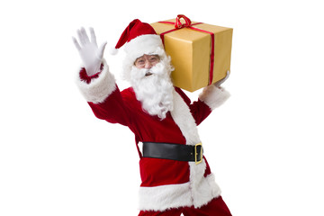 Santa Claus with heavy Christmas gift