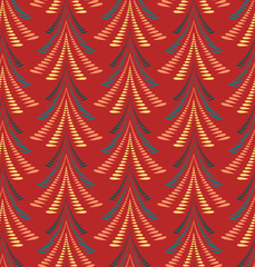 Seamless Christmas pattern. Stylized ornament of trees, firs on red background. Winter, New Year texture. Vector
