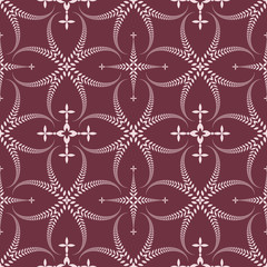 Religion seamless pattern. Laurel wreath, lace view texture with cross. Ceremonial background. Vinous, rose colored. Vector 