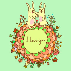 Cute doodle rabbits in love with floral background and empty space in center for text. Card for Valentines day, invitation, wedding card