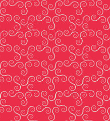 Seamless lace pattern. Vintage, curled texture. Spiral, swirl floral figures. Twist ornament of laurel leaves. Red, white colored background. Vector