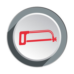 Saw, fretsaw, tool icon. Repair fix symbol. Red sign on round white-gray button with shadow. Vector