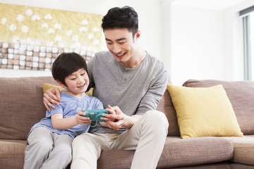 Father and son playing handhold video game in sofa