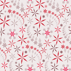 Seamless christmas pattern. Snowflakes, crystals on white background. Red, gray star silhouettes. Winter texture. Vector