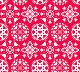 Heart snowflake seamless pattern. Christmas, Valentine, birthday, winter texture. White ornament on red background. Vector