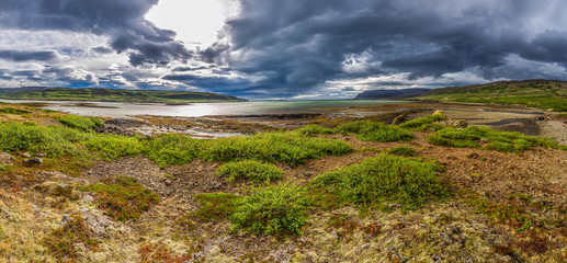 Panorama of cloudy coast in Iceland