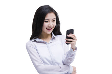 Cheerful young woman text messaging