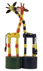two colorful wooden toy giraffes necks wrapped around each other, isolated on white background - 99578915